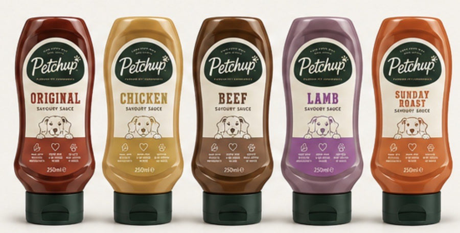The Petchup squeeze bottle range: Original, Chicken, Beef, Lamb and Sunday Roast