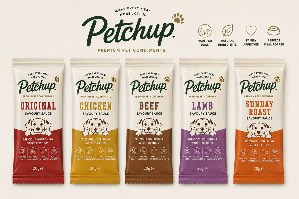 The Petchup 20g sachet range: Original, Chicken, Beef, Lamb and Sunday Roast